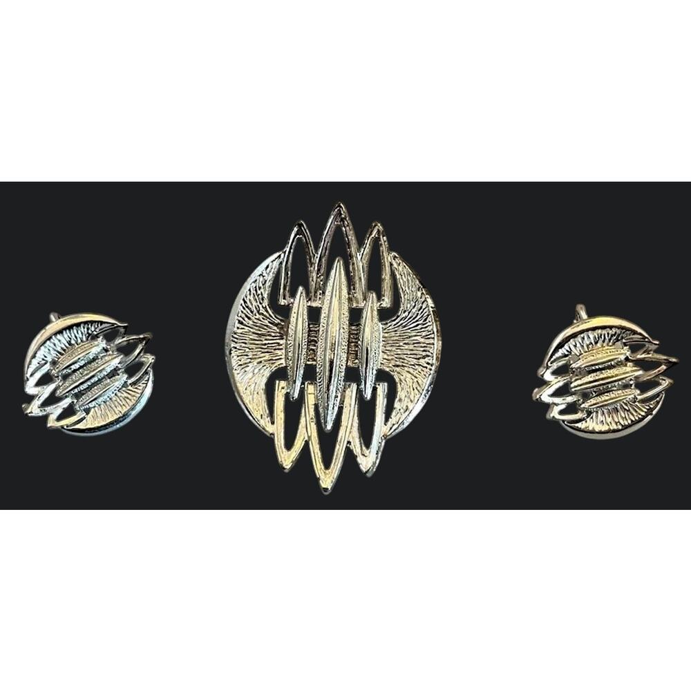 CORO SILVER TONE Mod Abstract BROOCH & CLIP ON EARRINGS Set 1960s